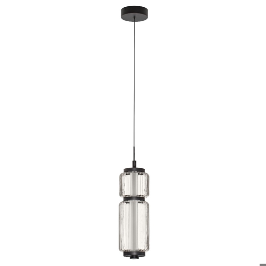 Lampada a sospensione led nera tubolare in vetro trasparente rigato
