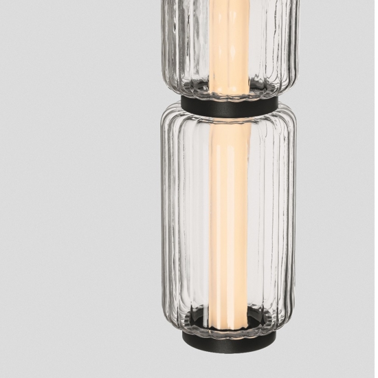 Lampada a sospensione led nera tubolare in vetro trasparente rigato