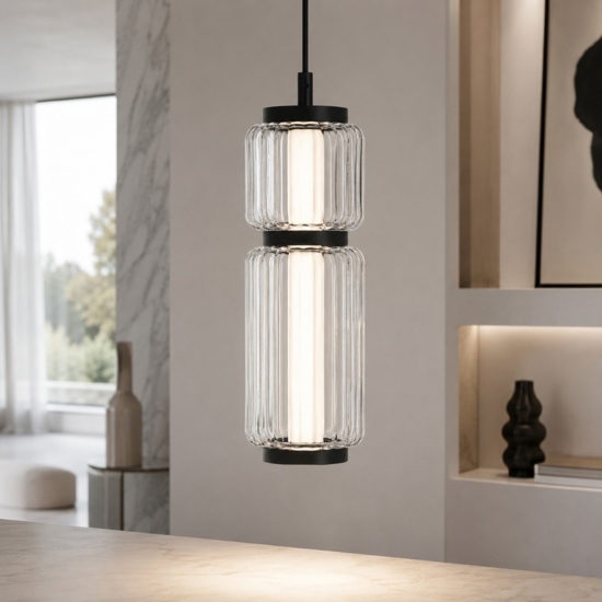 Lampada a sospensione led nera tubolare in vetro trasparente rigato