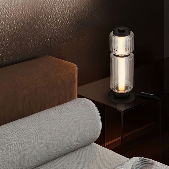Abat-jour lampada da comodino nera tubolare vetro trasparente per camera da letto moderna