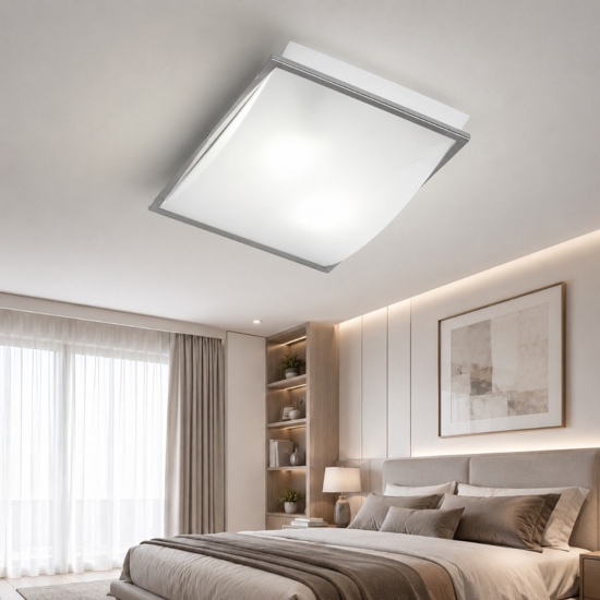 Plafoniera per camera da letto in vetro bianco lucido cornice cromata