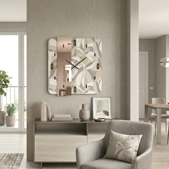 Orologio quadrato da parete moderno specchio rosa carta da parati ficus grigio