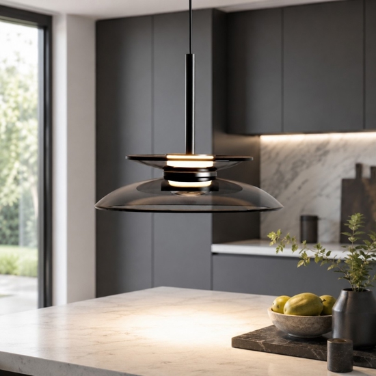 Lampada a sospensione led 10w dimmerabile piatto vetro fume per isola cucina