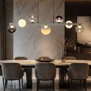Lampadario a sospensione per soggiorno moderno sfere vetro opale fume viola