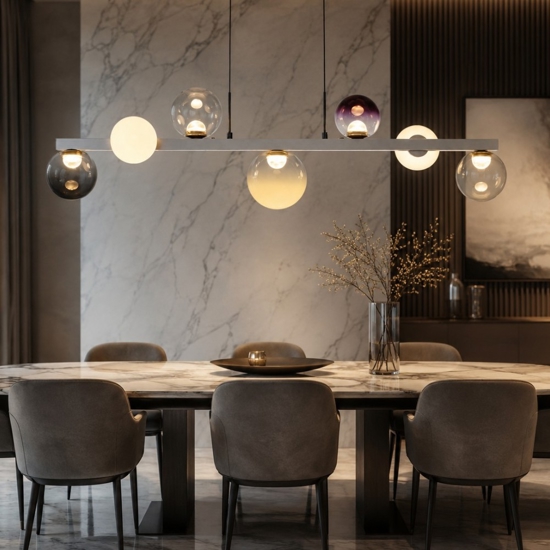 Lampadario a sospensione per soggiorno moderno sfere vetro opale fume viola