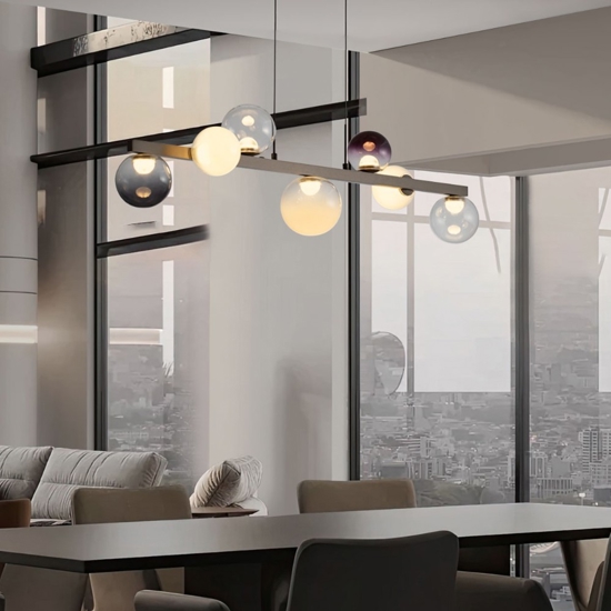 Lampadario a sospensione per soggiorno moderno sfere vetro opale fume viola