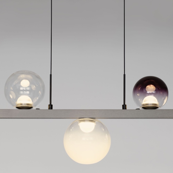 Lampadario a sospensione per soggiorno moderno sfere vetro opale fume viola