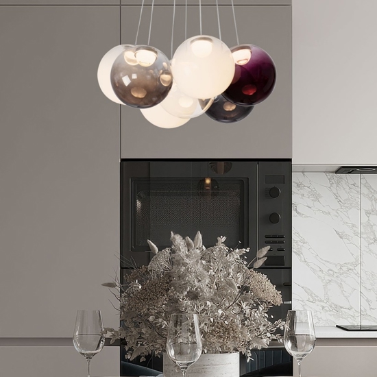 Lampadario sfere bocce di vetro opale viola fume per tavolo soggiorno moderno