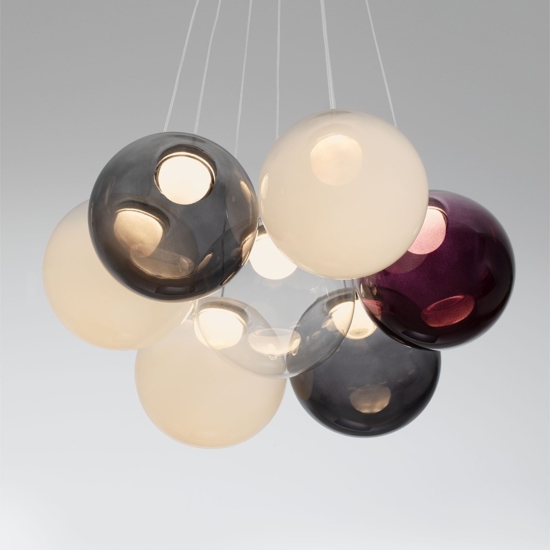 Lampadario sfere bocce di vetro opale viola fume per tavolo soggiorno moderno