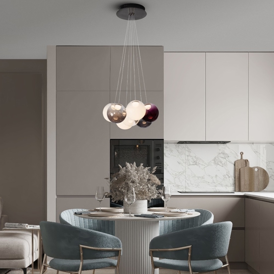 Lampadario sfere bocce di vetro opale viola fume per tavolo soggiorno moderno