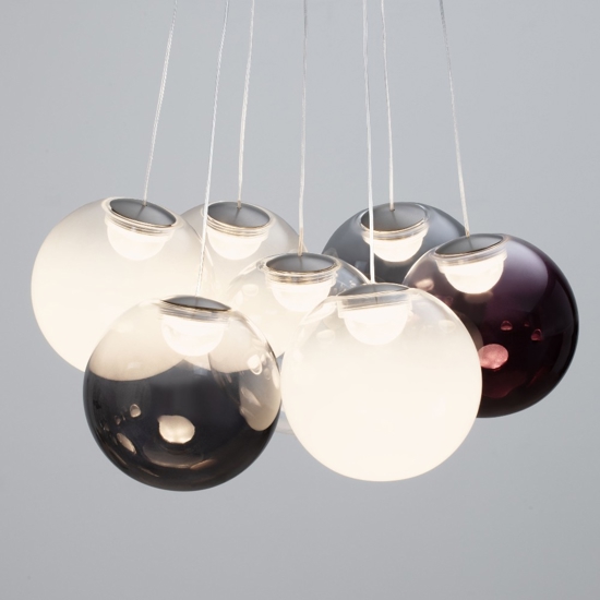 Lampadario sfere bocce di vetro opale viola fume per tavolo soggiorno moderno