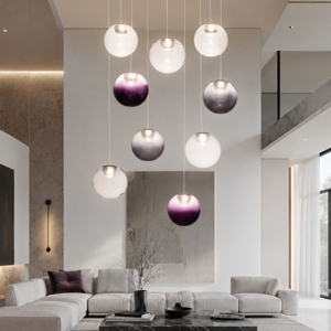 Lampadario sfere pendenti in vetro opale viola fume led 46w 3000k dimmerabile per soggiorno