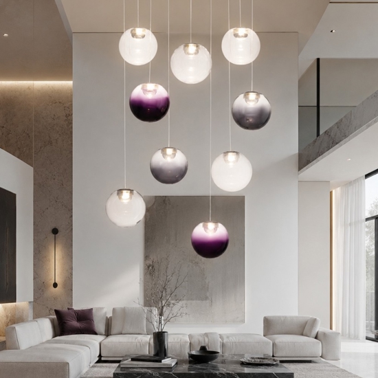 Lampadario sfere pendenti in vetro opale viola fume led 46w 3000k dimmerabile per soggiorno