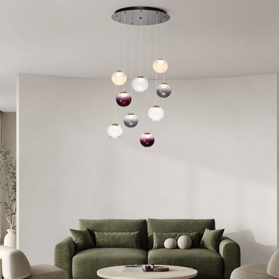 Lampadario sfere pendenti in vetro opale viola fume led 46w 3000k dimmerabile per soggiorno