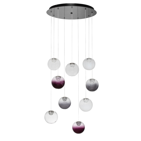 Lampadario sfere pendenti in vetro opale viola fume led 46w 3000k dimmerabile per soggiorno