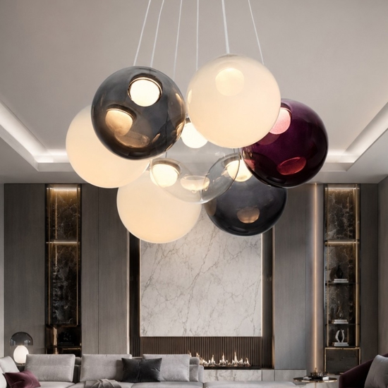 Lampadario sfere bocce di vetro opale viola fume per tavolo soggiorno moderno