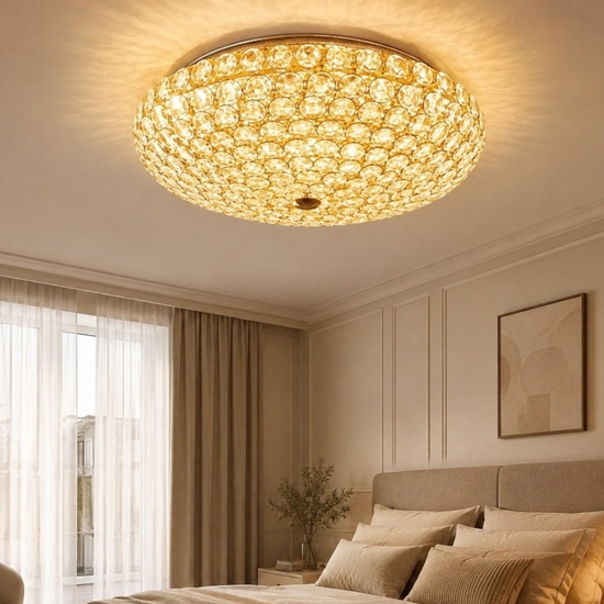 King pl5 plafoniera camera da letto tonda oro lucido cristallo trasparente ideal lux