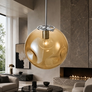 Lampadario sfera di vetro ambra martellato a sospensione 30 cm design moderno