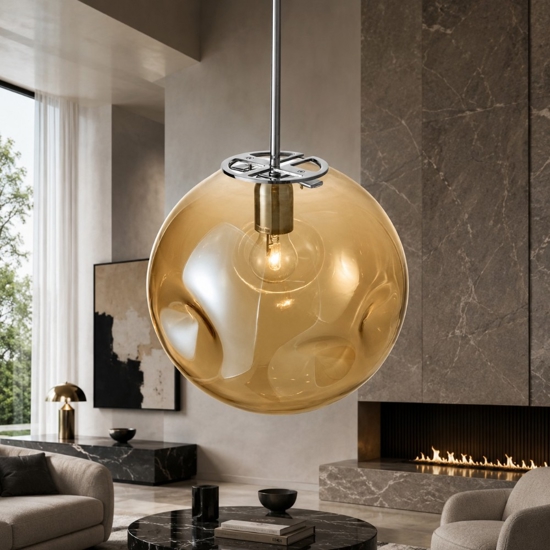 Lampadario sfera di vetro ambra martellato a sospensione 30 cm design moderno