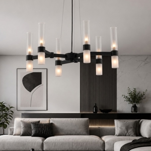 Lampadario moderno nero vetri tubolari bianchi design per soggiorno 12 luci