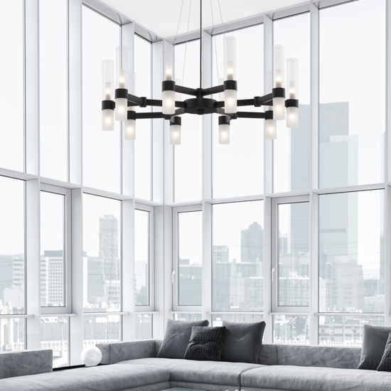 Lampadario moderno nero vetri tubolari bianchi design per soggiorno 12 luci