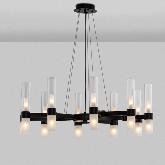 Lampadario nero design moderno 20 luci vetri tubolari per soggiorno