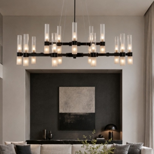 Grande lampadario dal design moderno nero con vetri tubolari per salone 30 luci
