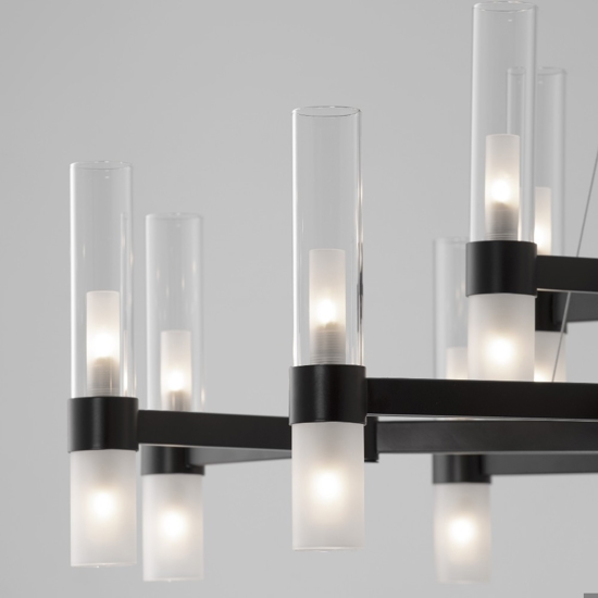Grande lampadario dal design moderno nero con vetri tubolari per salone 30 luci