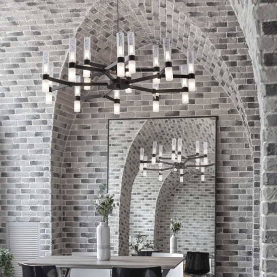 Grande lampadario dal design moderno nero con vetri tubolari per salone 30 luci