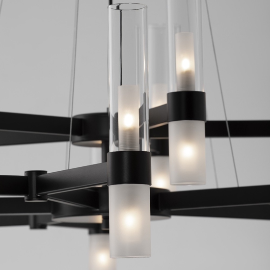 Grande lampadario dal design moderno nero con vetri tubolari per salone 30 luci