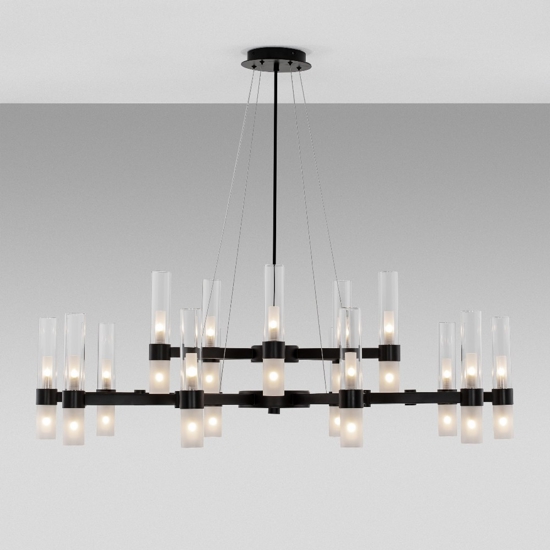 Grande lampadario dal design moderno nero con vetri tubolari per salone 30 luci
