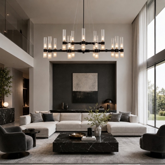 Grande lampadario dal design moderno nero con vetri tubolari per salone 30 luci