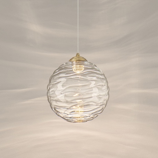Lampada a sospensione oro sfera ondulata trasparente led 3000k per comodini camera da letto
