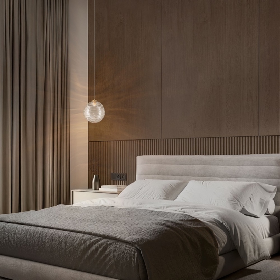 Lampada a sospensione oro sfera ondulata trasparente led 3000k per comodini camera da letto