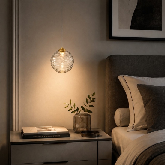 Lampada a sospensione oro sfera ondulata trasparente led 3000k per comodini camera da letto