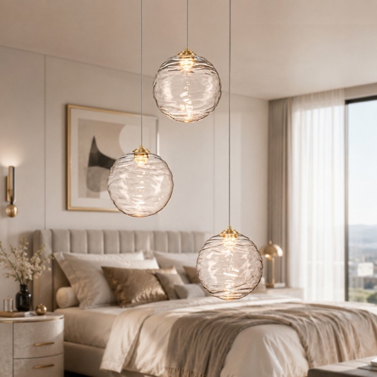 Lampadario oro sfere di vetro ondulato trasparente per camera da letto