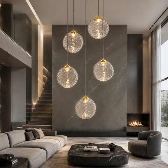 Lampadario oro sfere di vetro ondulato trasparente led 3000k dimmerabile per soggiorno
