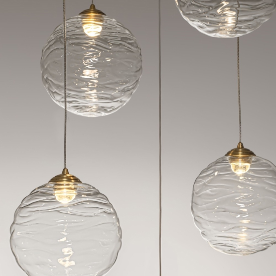 Lampadario oro sfere di vetro ondulato trasparente led 3000k dimmerabile per soggiorno