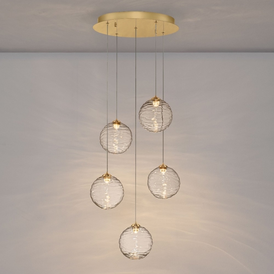 Lampadario oro sfere di vetro ondulato trasparente led 3000k dimmerabile per soggiorno