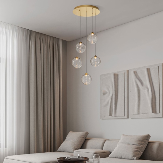 Lampadario oro sfere di vetro ondulato trasparente led 3000k dimmerabile per soggiorno
