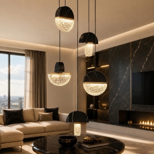 Lampadario a sospensione 5 pendenti in marmo nero e vetro per soggiorno moderno