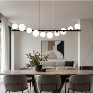 Lampadario nero design sfere vetro bianco per soggiorno moderno