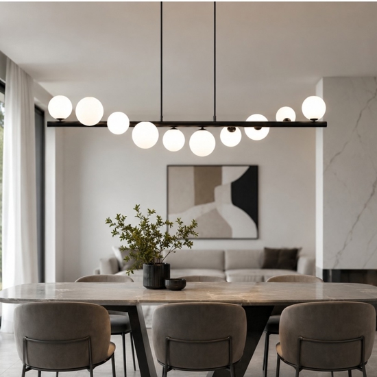 Lampadario nero design sfere vetro bianco per soggiorno moderno