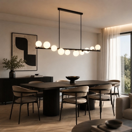 Lampadario nero design sfere vetro bianco per soggiorno moderno