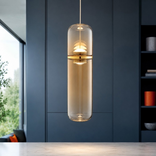 Lampada a sospensione design moderna capsula in vetro ambra led 3000k dimmerabile