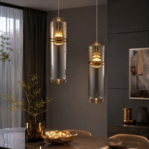 Lampadario 2 pendenti in vetro capsule ambra led 3000k per soggiorno moderno