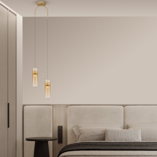 Lampadario 2 pendenti in vetro capsule ambra led 3000k per soggiorno moderno