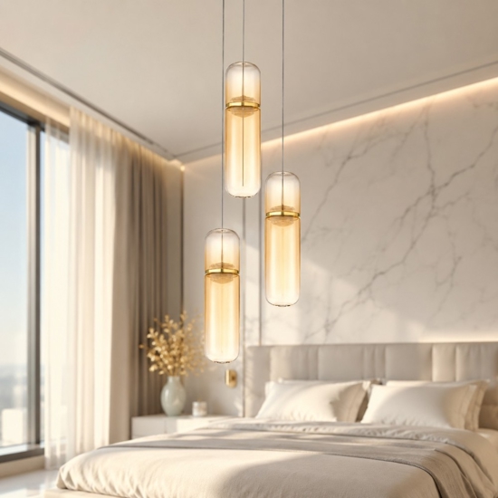 Lampadario oro con capsule pendenti in vetro ambra per camera da letto moderna