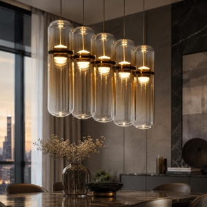 Lampadario 4 luci capsule di vetro ambra pendenti led dimmerabile design moderno
