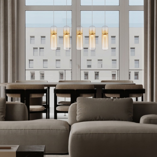 Lampadario 4 luci capsule di vetro ambra pendenti led dimmerabile design moderno